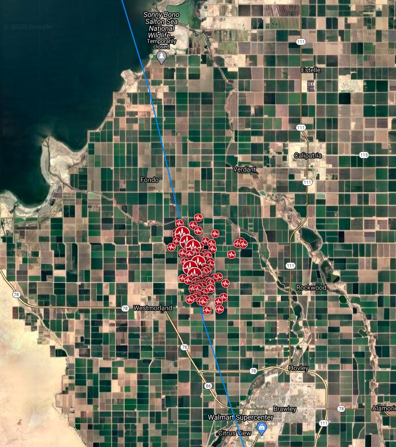 Earthquake swarm near the Salton Sea (September 30 - October 1, 2020). Credit: TW/SAM, Google. Data source: USGS